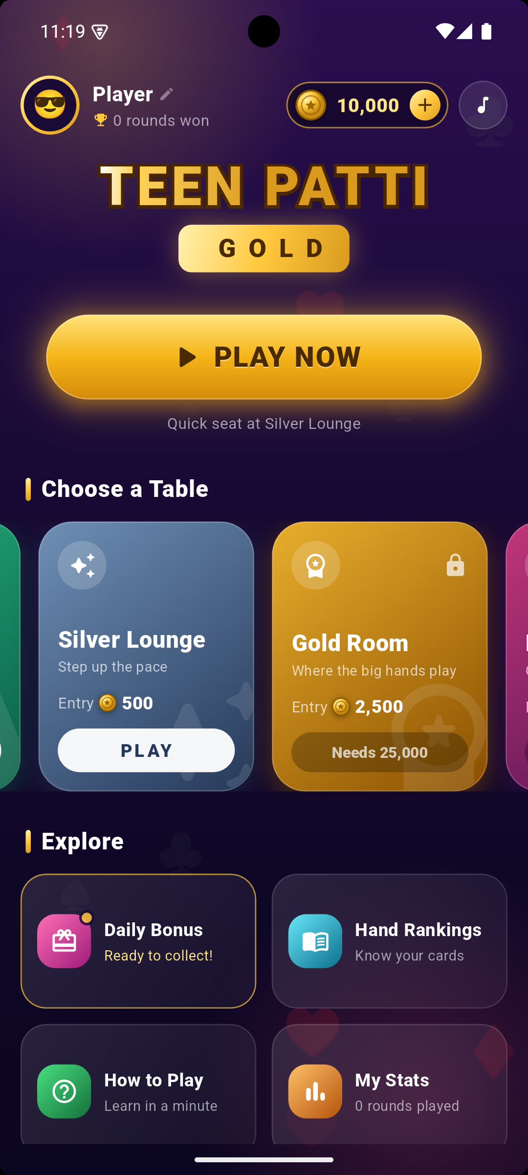 Teen Patti Gold home screen with table selection