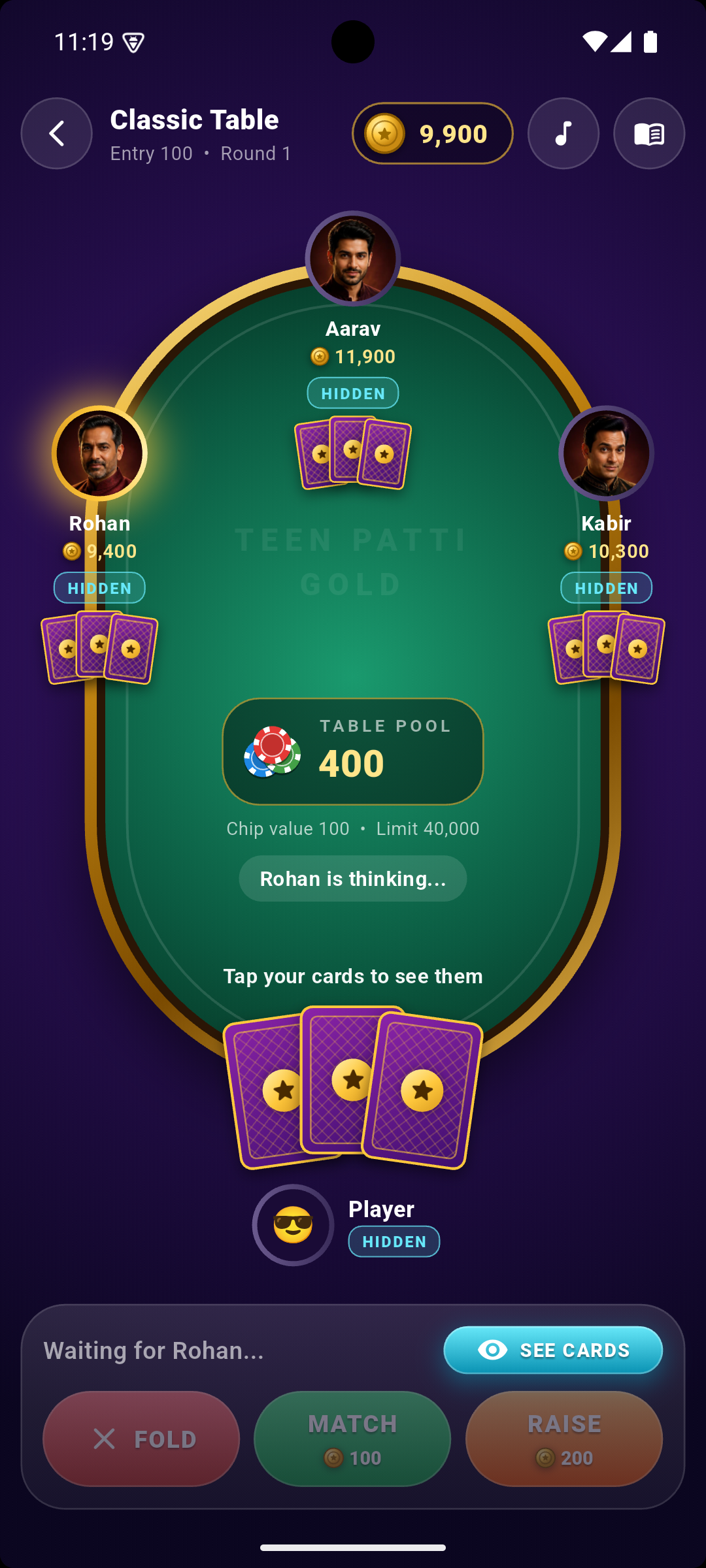 Teen Patti Gold gameplay at the Classic Table